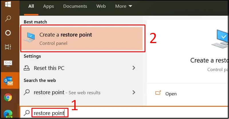 Mở Create a restore point